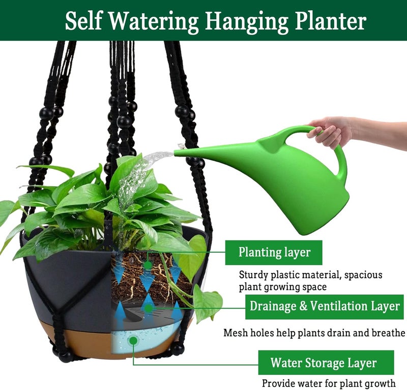Koalaime 2 Pack Hanging Planters Set,10 Inch Indoor Outdoor Hanging Plant Pot Basket,Hanging Flower Pot with Drainage Hole with 3 Hooks for Garden Home… (Black Hanger Black Planters) - Image 2